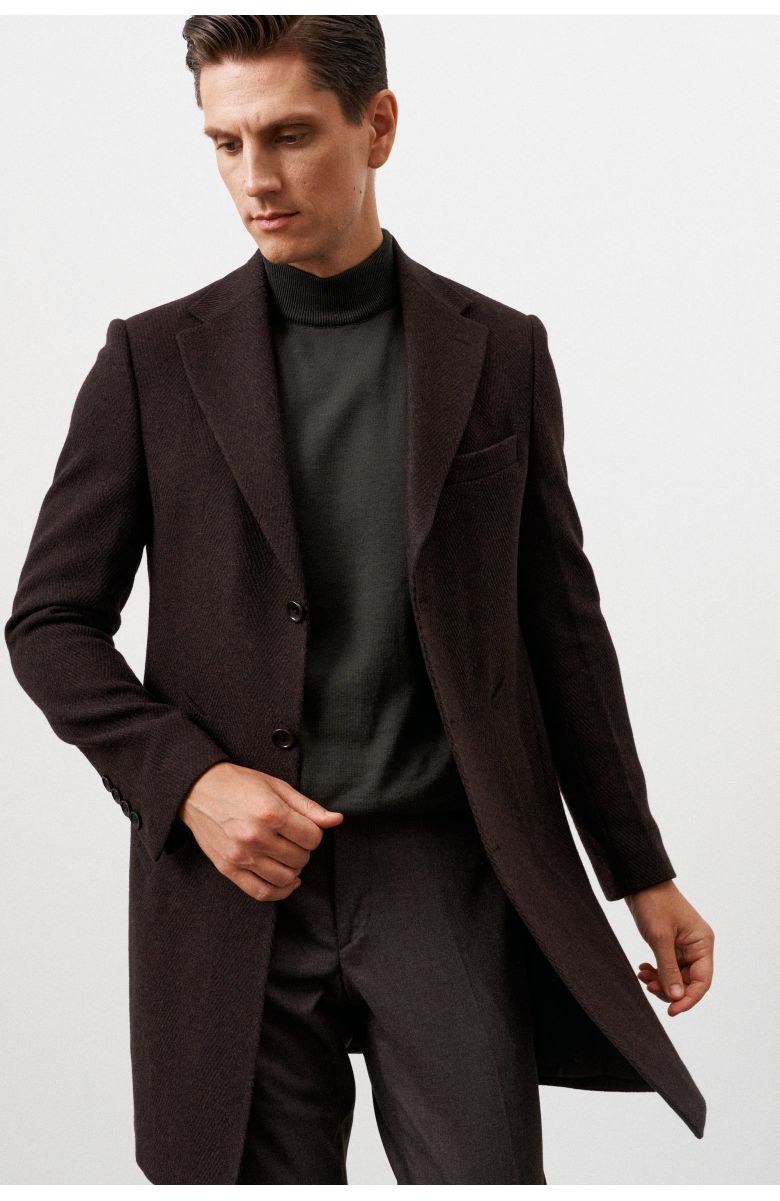 Пальто мужское темно-коричневое, в крупную елочку