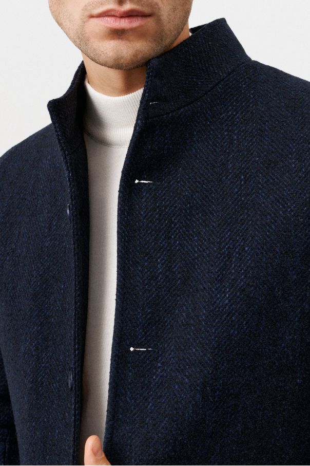 Пальто мужское утепленное, черно-синее, ткань крупная "елочка", воротник стойка