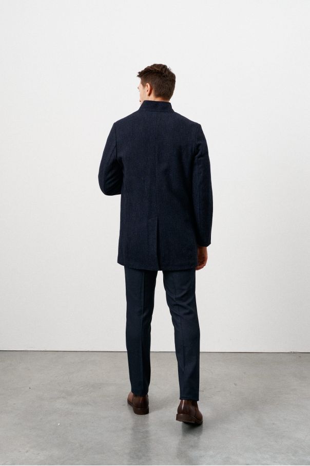 Пальто мужское утепленное, черно-синее, ткань крупная "елочка", воротник стойка