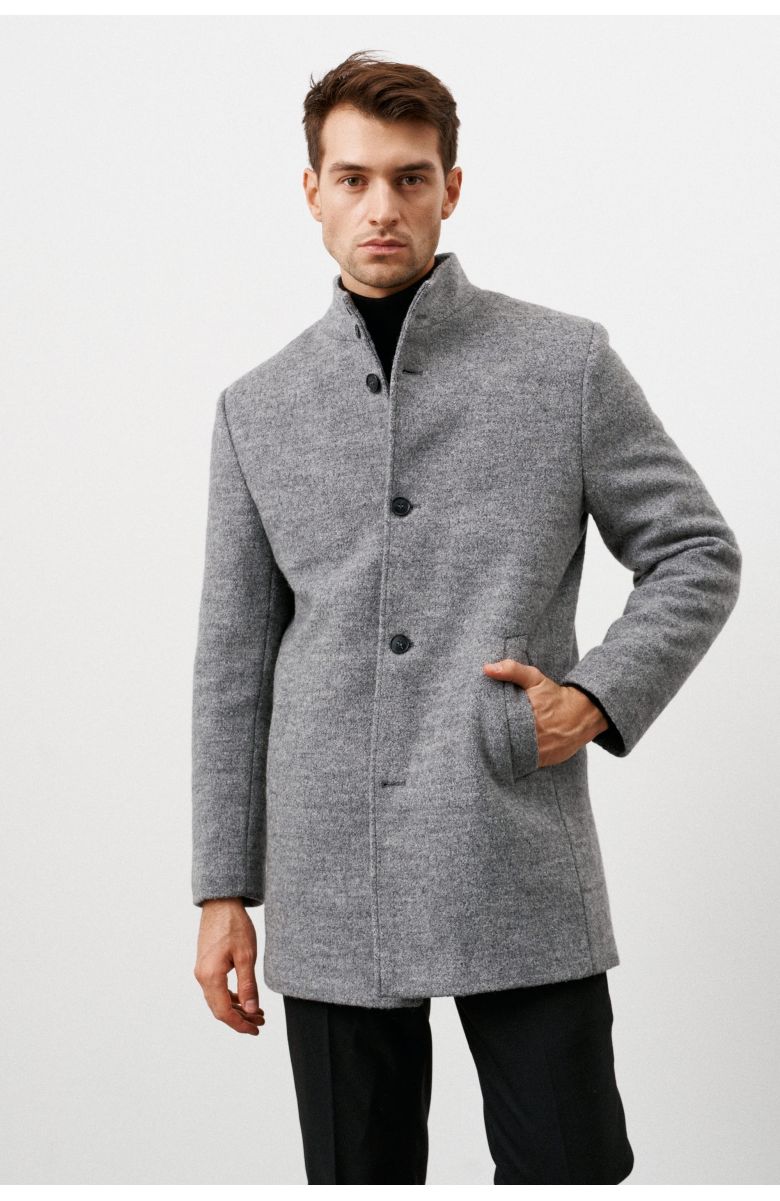 Пальто мужское утепленное, серое с черными вкраплениями, ткань букле, воротник стойка