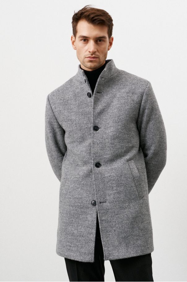 Пальто мужское утепленное, серое с черными вкраплениями, ткань букле, воротник стойка