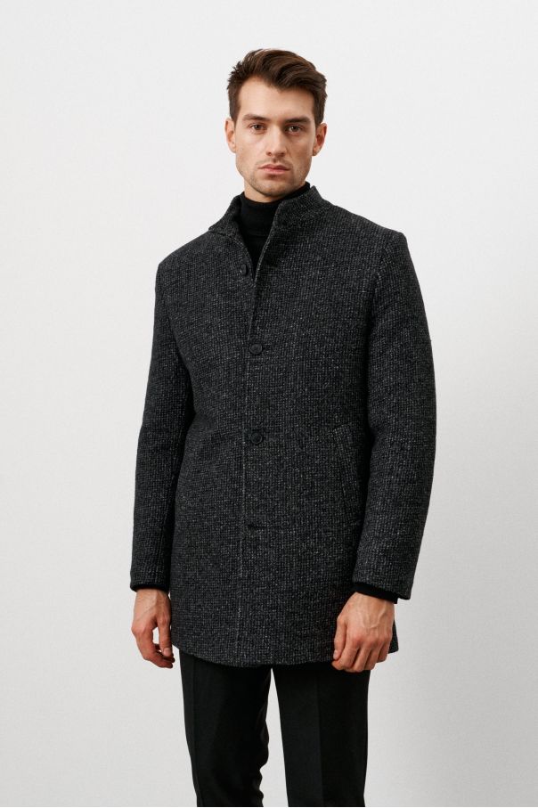 Пальто мужское утепленное, черное с серыми вкраплениями, воротник стойка