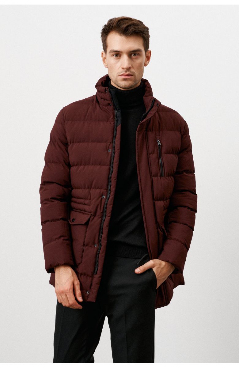 Куртка мужская бордовая, стеганая с накладными карманами, капюшон с мехом