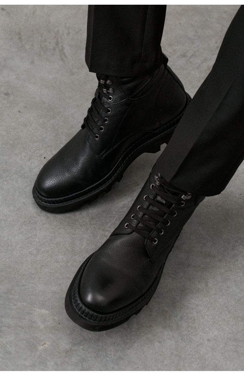 Ботинки мужские черные на шнурках, кожа флотер