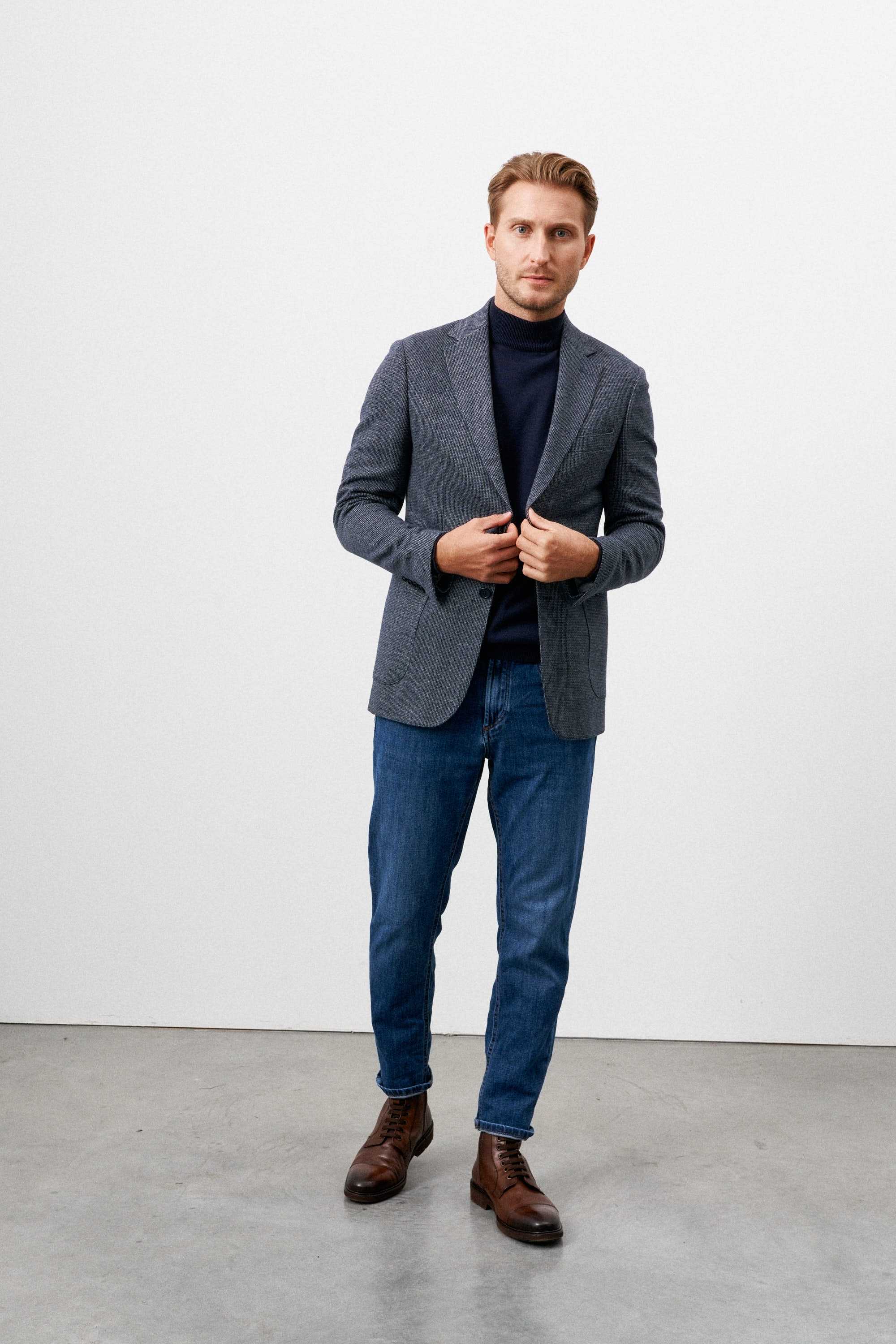 Пиджак мужской синий трикотажный в мелкий серый узор, с накладными  карманами - купить по выгодной цене в магазине Keyman