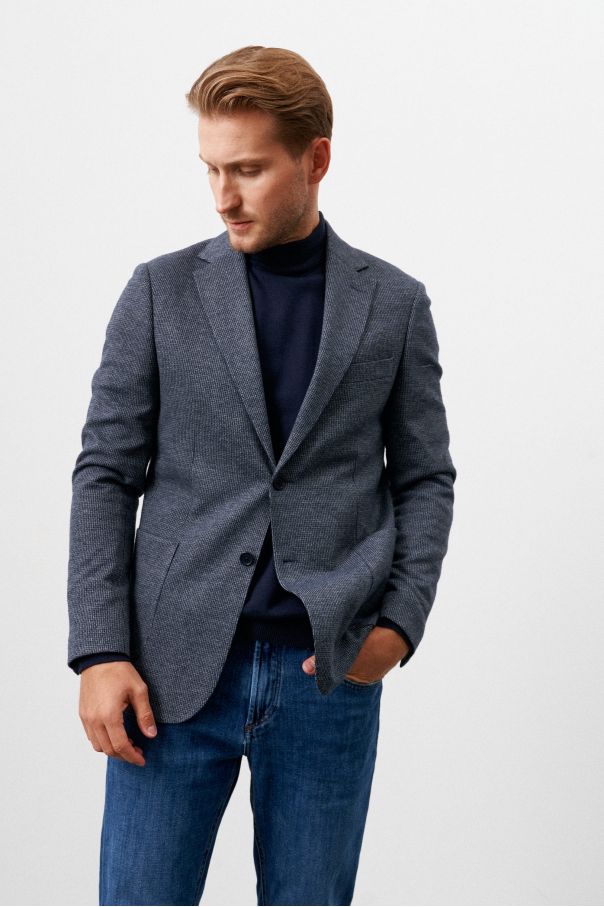 Пиджак мужской синий трикотажный в мелкий серый узор, с накладными карманами