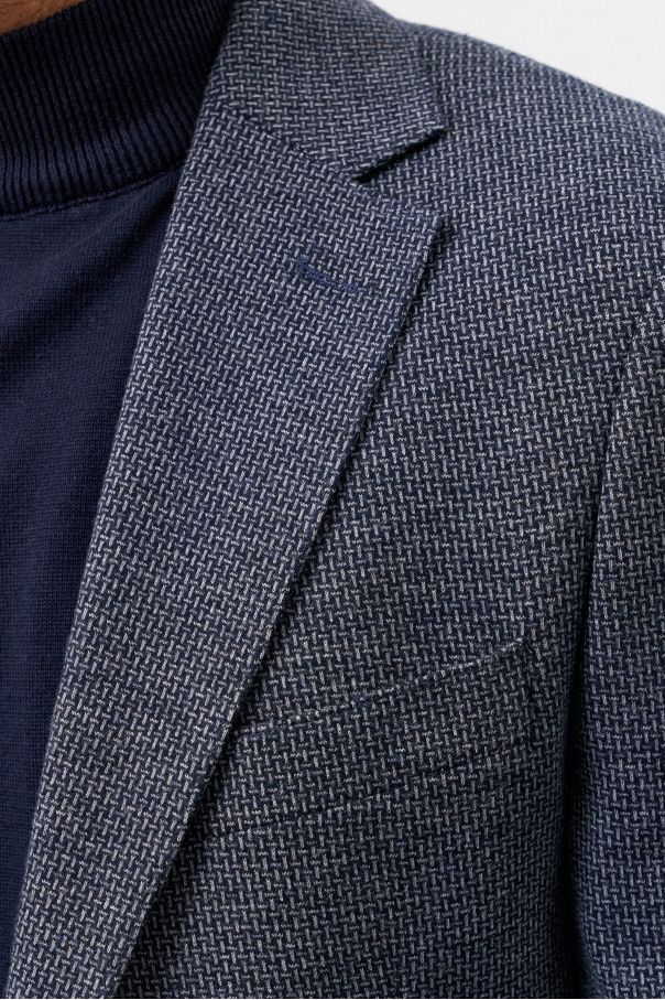 Пиджак мужской синий трикотажный в мелкий серый узор, с накладными карманами