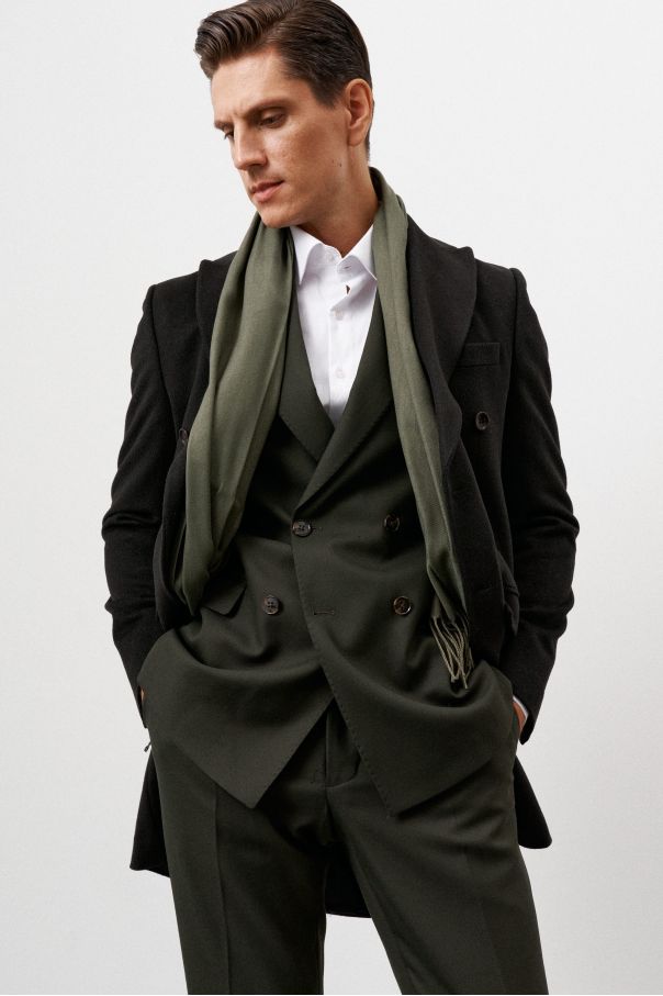 Пальто двубортное мужское темно-зеленое, демисезонное