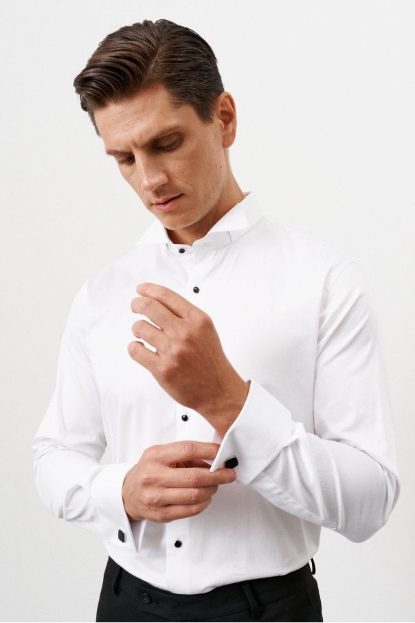 Рубашка мужская белая, закрытая планка сатин с эластаном, под запонку, воротник под бабочку