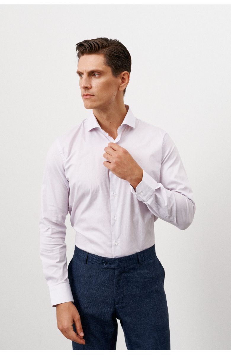 Рубашка (сорочка) мужская белая, в мелкий сиреневый узор с эластаном