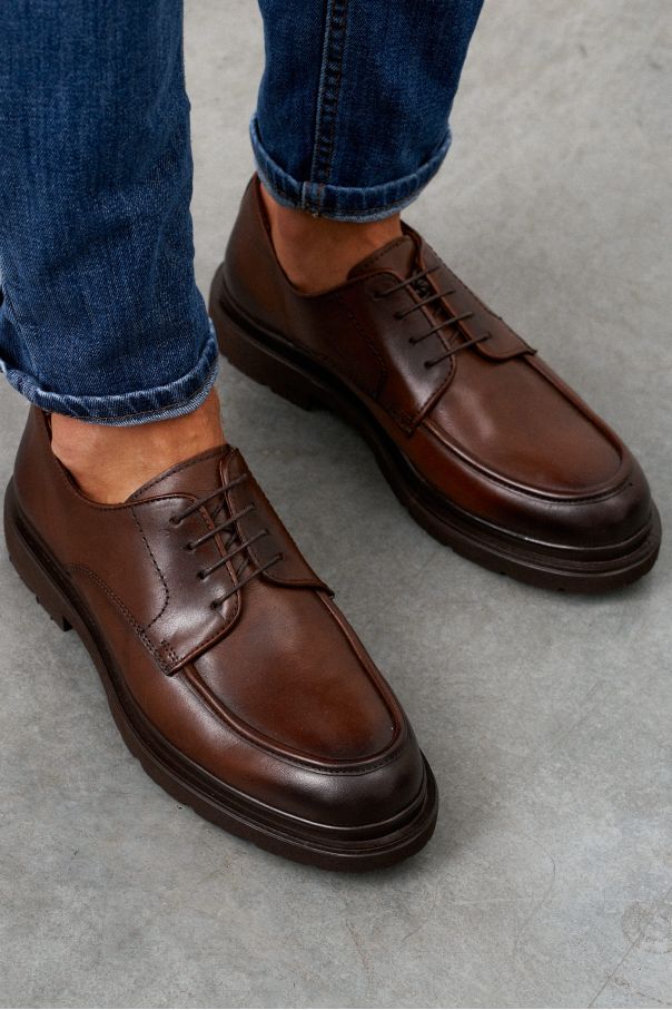 Туфли мужские дерби коричневые с полукруговым швом на мыске, на высокой подошве