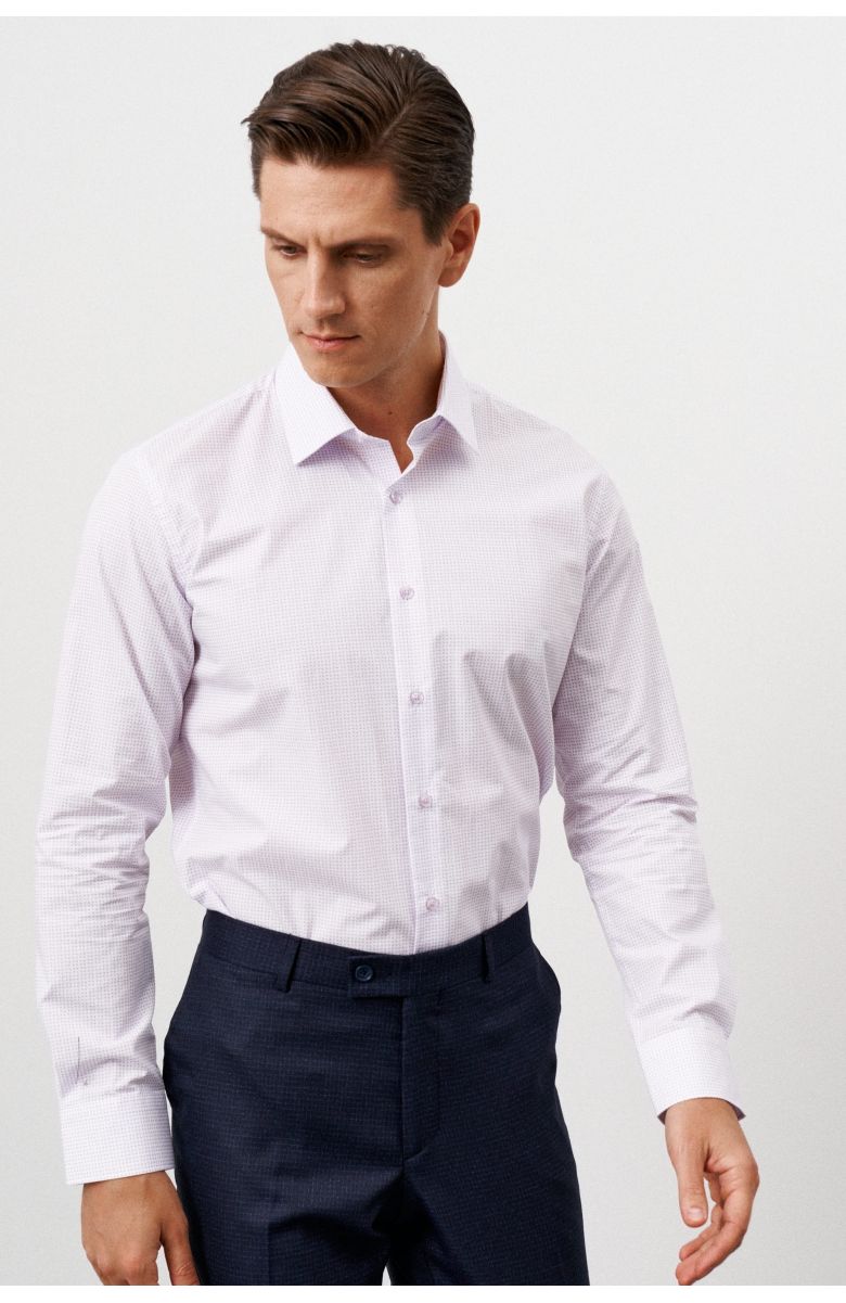 Рубашка мужская бледно-розовая, в мелкий розово-фиолетовый узор, классика воротник