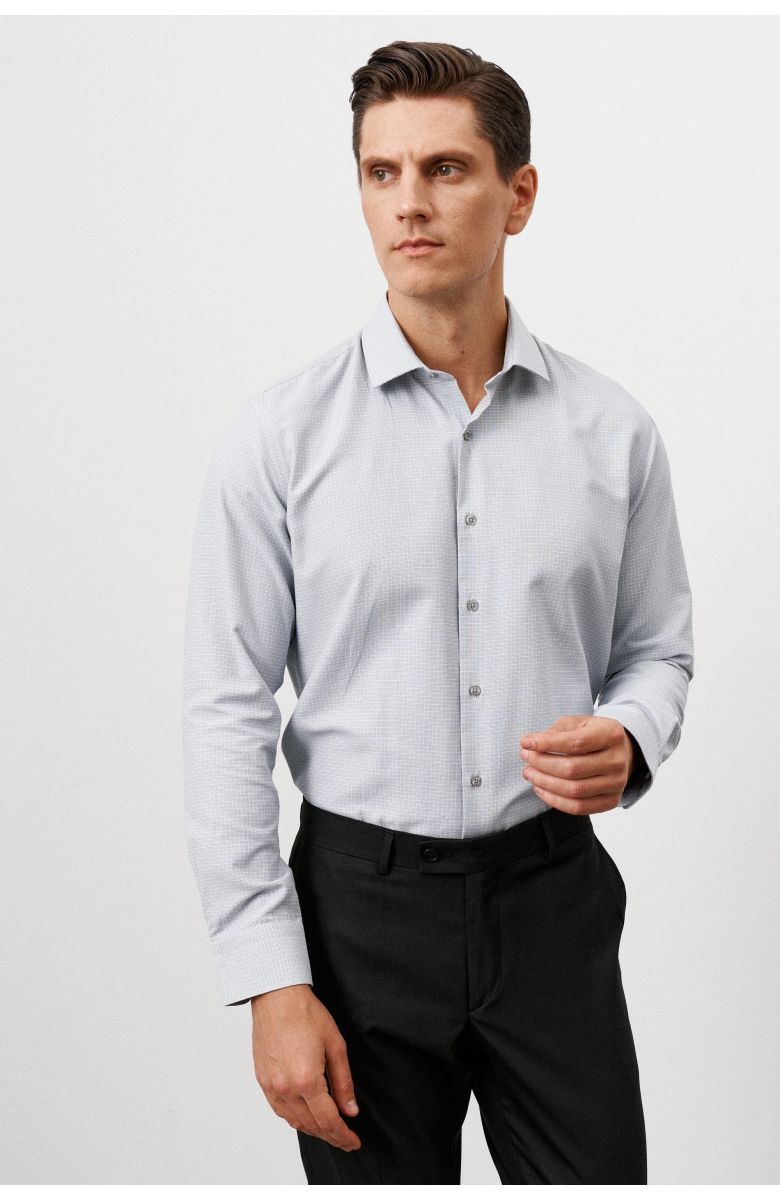 Рубашка мужская серая фактурная в квадратный узор, классика воротник