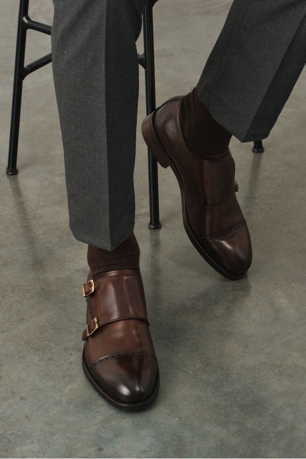 Туфли мужские дабл-монки коричневые, с декоративным брогированием