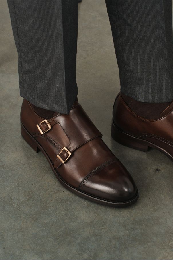Туфли мужские дабл-монки коричневые, с декоративным брогированием
