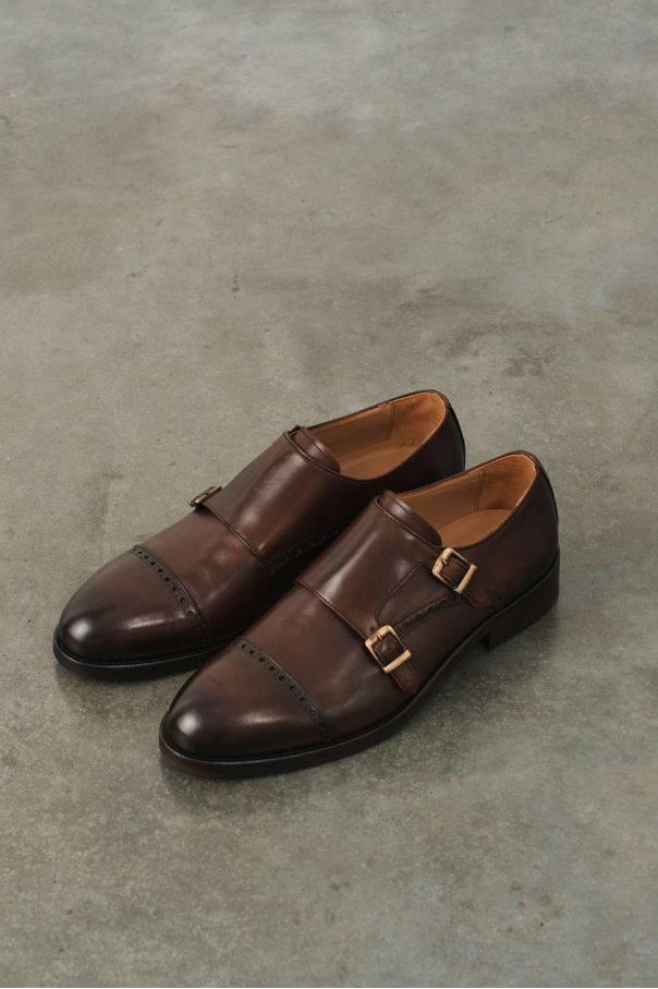 Туфли мужские дабл-монки коричневые, с декоративным брогированием