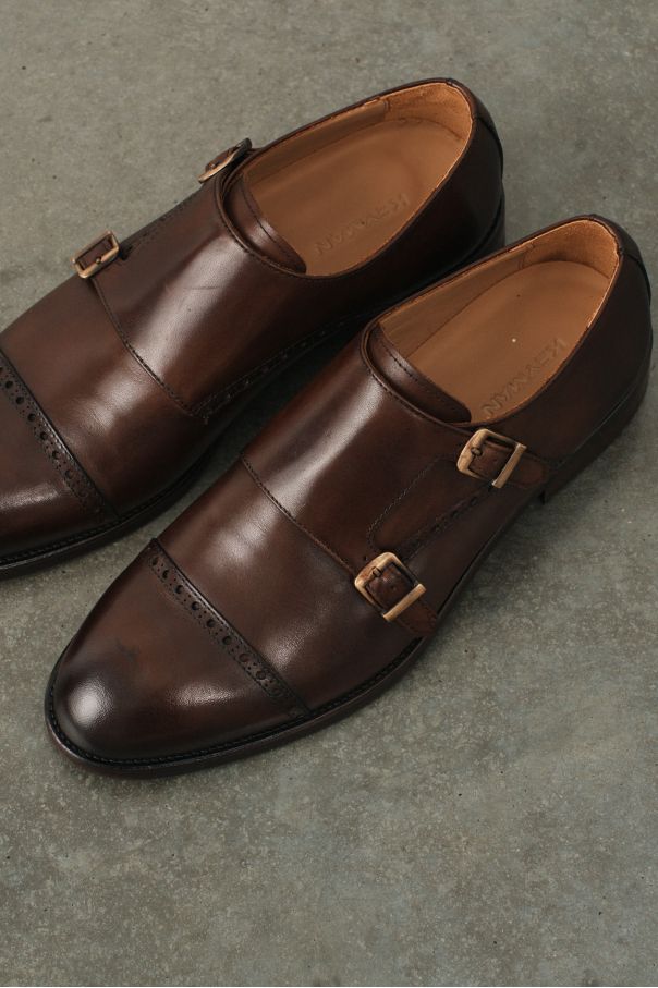 Туфли мужские дабл-монки коричневые, с декоративным брогированием