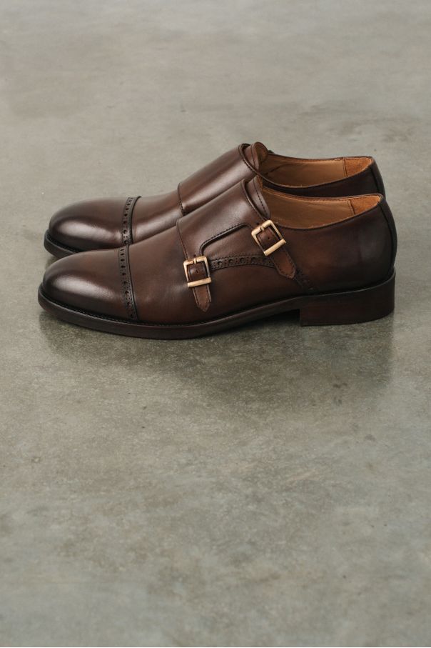 Туфли мужские дабл-монки коричневые, с декоративным брогированием