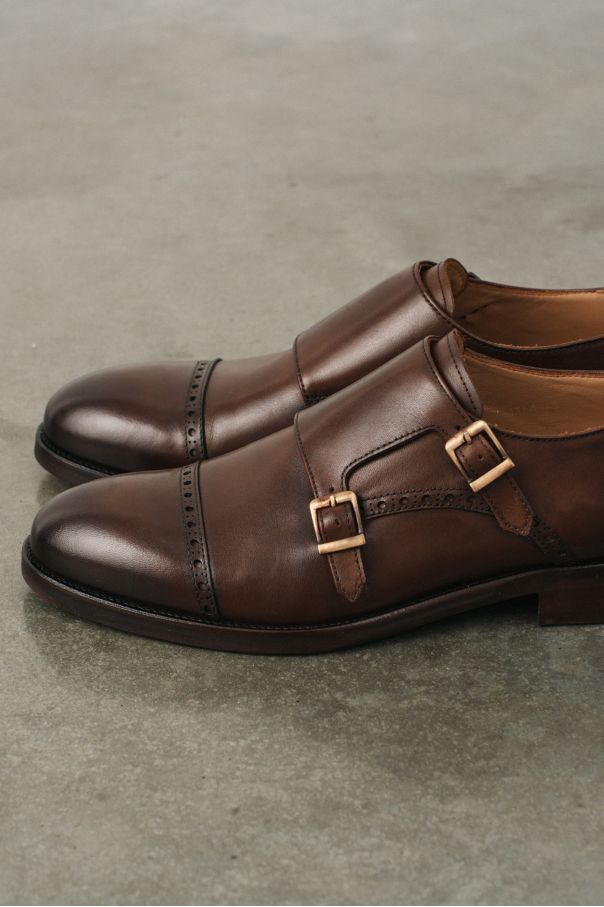 Туфли мужские дабл-монки коричневые, с декоративным брогированием