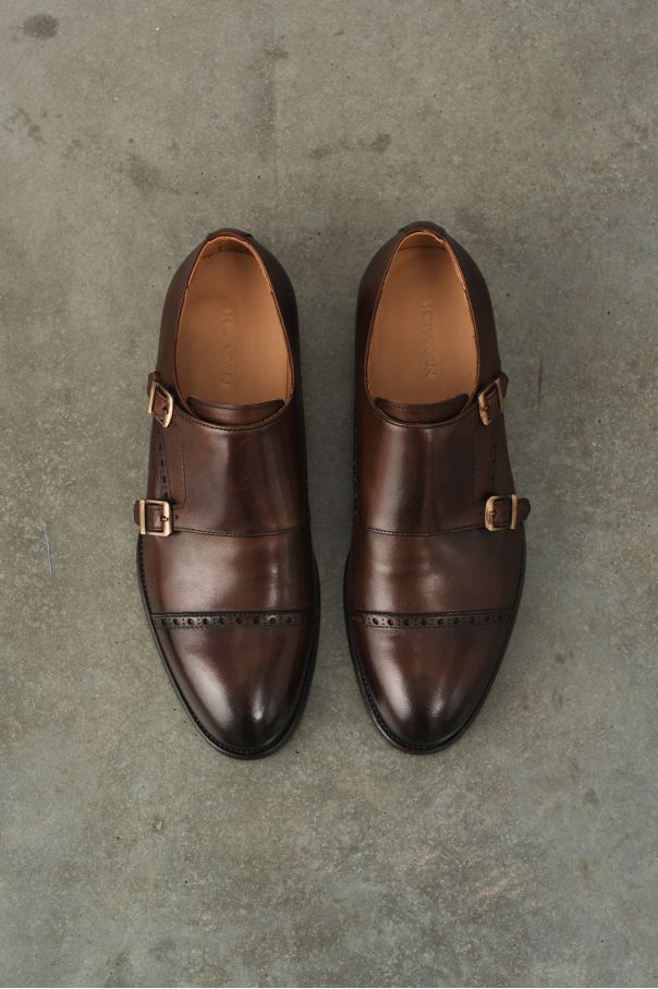 Туфли мужские дабл-монки коричневые, с декоративным брогированием