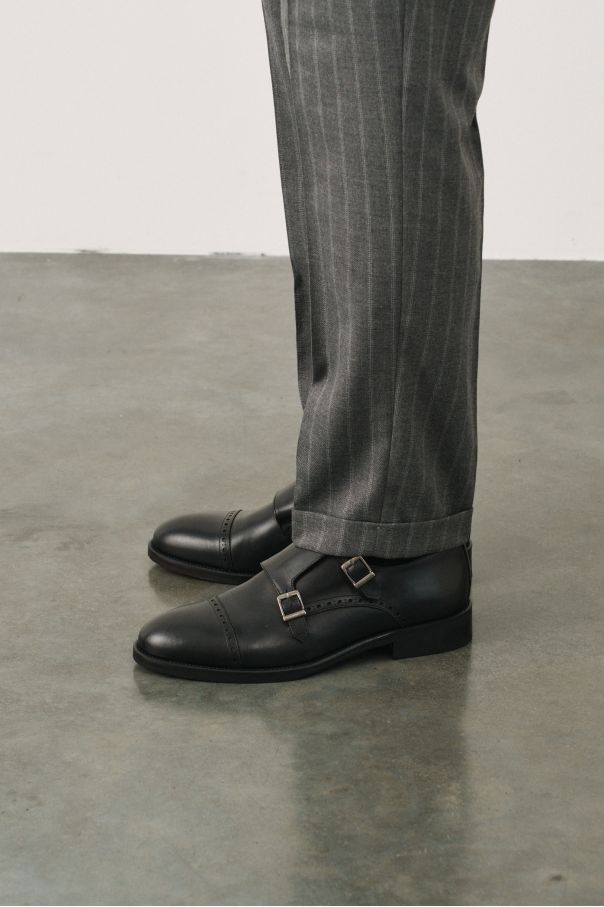 Туфли дабл-монки черные, с декоративным брогированием