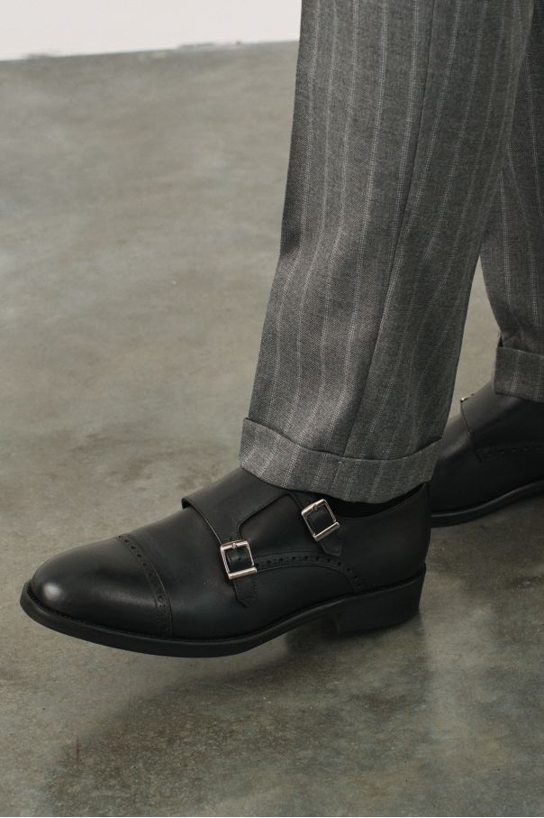 Туфли дабл-монки черные, с декоративным брогированием