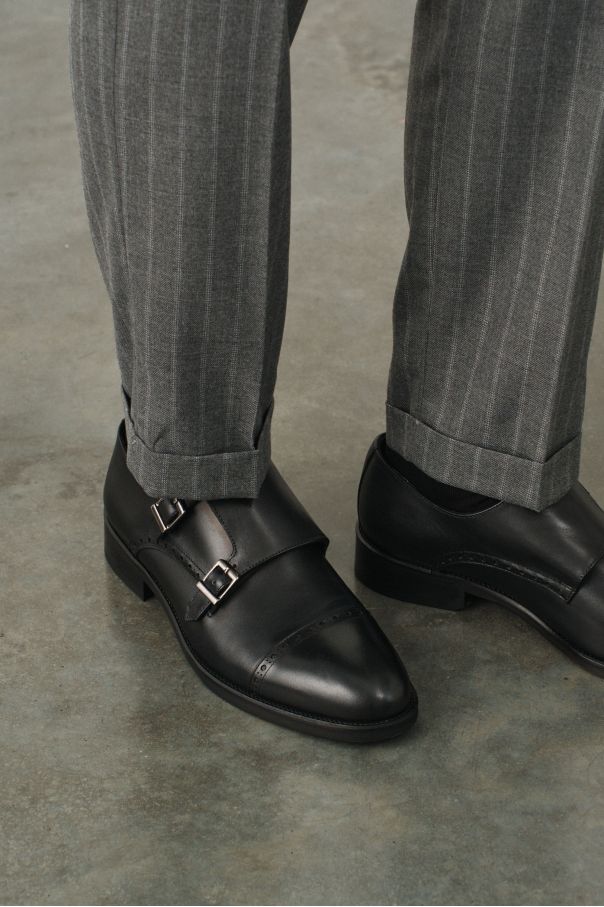 Туфли дабл-монки черные, с декоративным брогированием