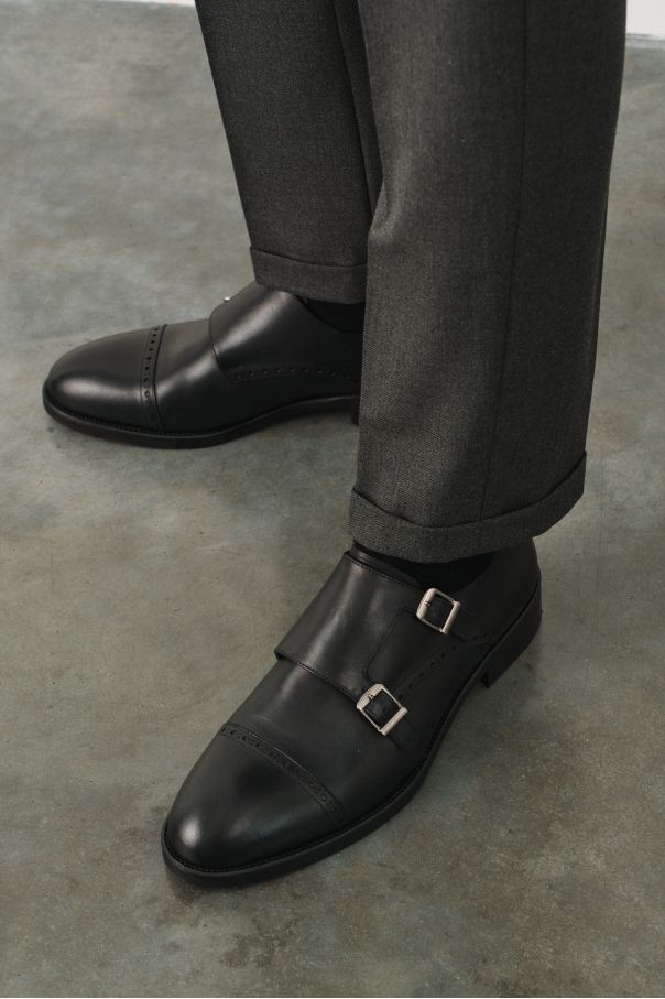 Туфли дабл-монки черные, с декоративным брогированием