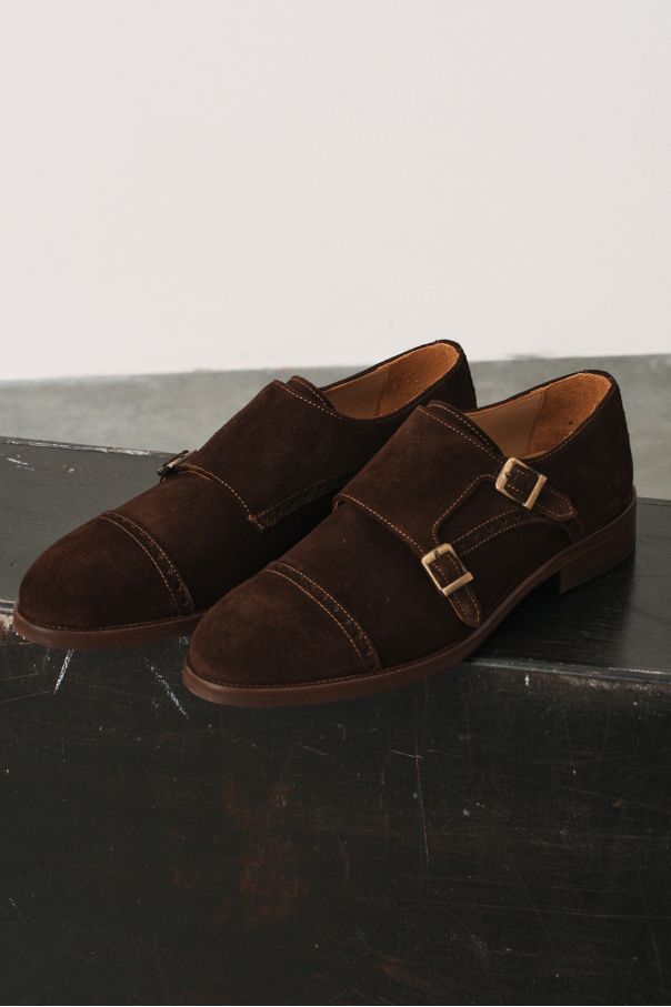 Туфли мужские дабл-монки коричневые, замшевые, с декоративным брогированием