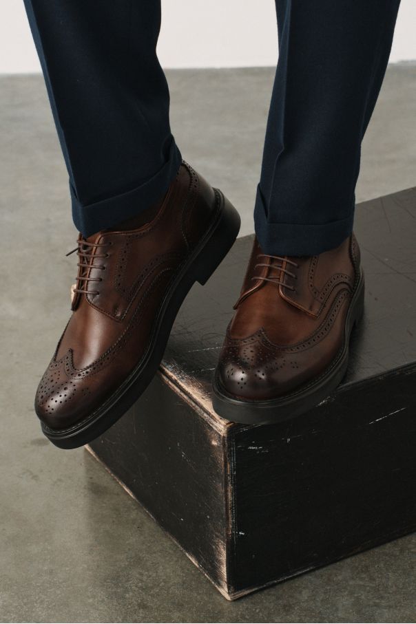 Туфли мужские броги вингтип коричневые на высокой гладкой подошве
