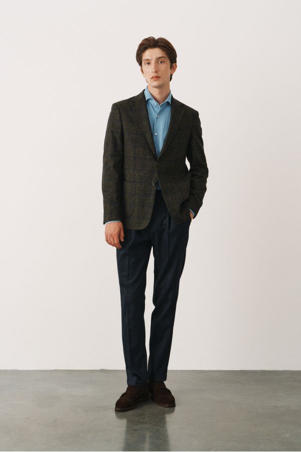 Пиджак зеленый в клетку без подкладки (half-lined)