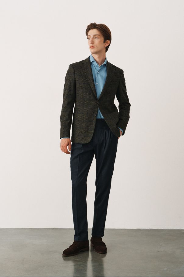 Пиджак зеленый в клетку без подкладки (half-lined)