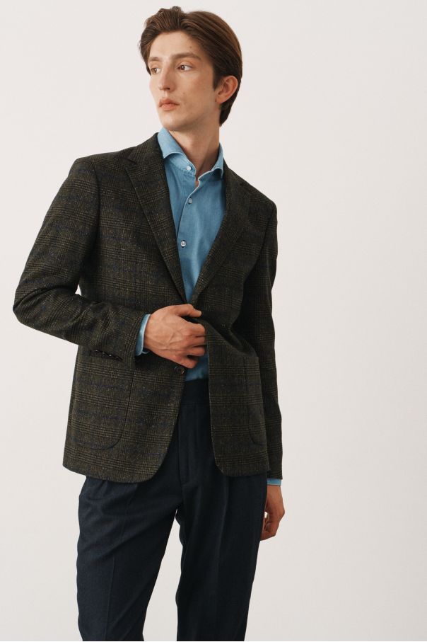 Пиджак зеленый в клетку без подкладки (half-lined)