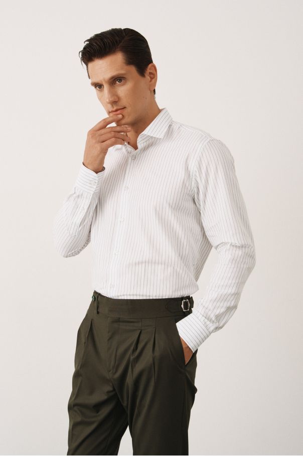 Рубашка белая в зеленую полоску, классика воротник (Regular fit)