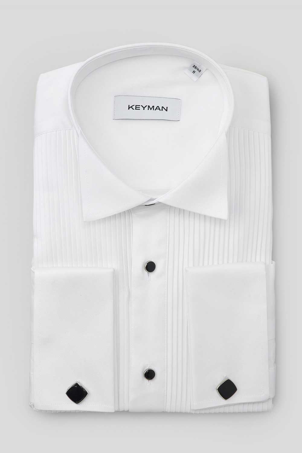 Рубашка мужская белая под смокинг c эластаном, черные пуговицы, широкое плиссе, под бабочку