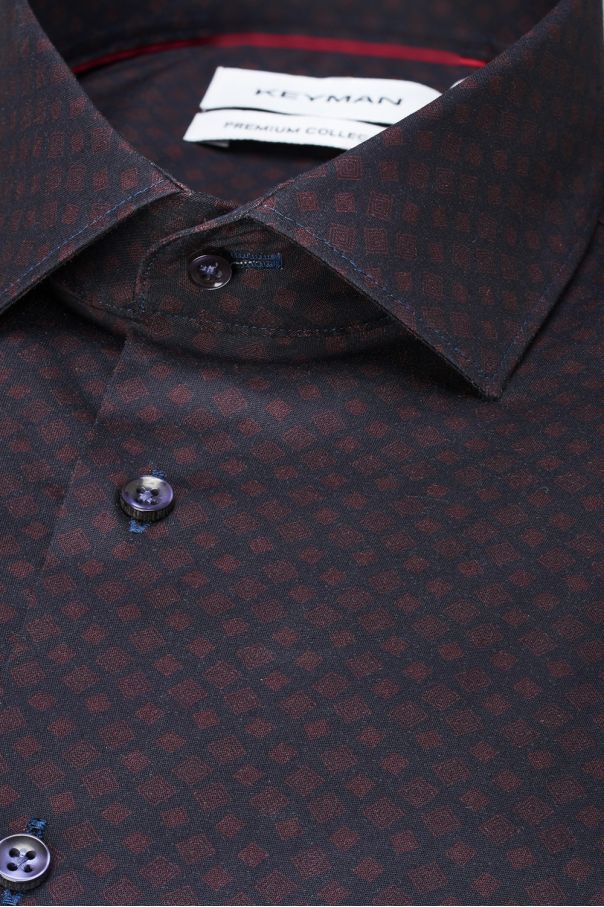 Рубашка мужская темно-синяя в бордовые квадраты, классика воротник
