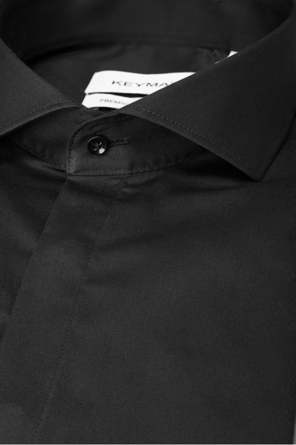 Рубашка мужская черная, закрытая планка, сатин с эластаном, с акульим воротником