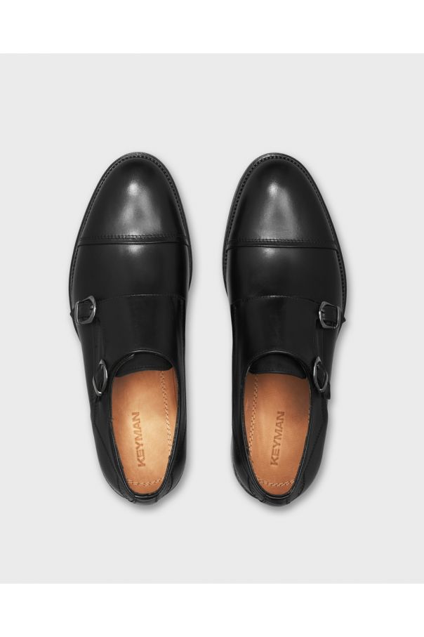Туфли мужские дабл-монки черные, с отрезным мысом и декоративной строчкой