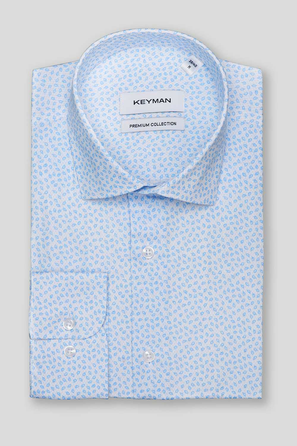 Рубашка (сорочка) мужская белая, в голубой узор "листики" с эластаном