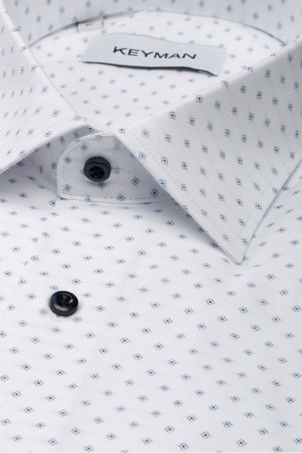 Рубашка (сорочка) мужская белая оксфорд, в синий узор с синими пуговицами