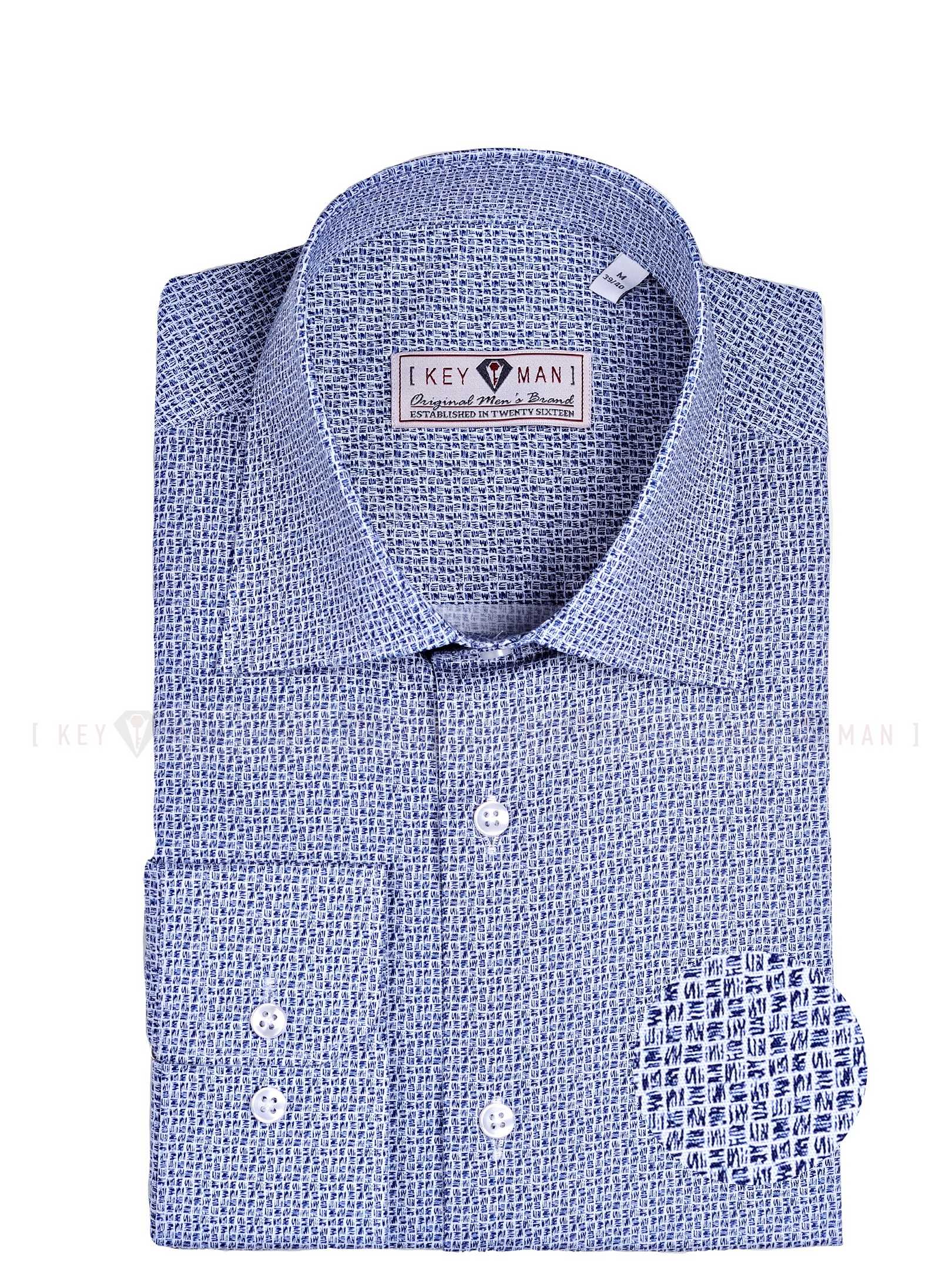 Рубашка мужская синяя в мелкие квадраты с лайкрой, классика воротник