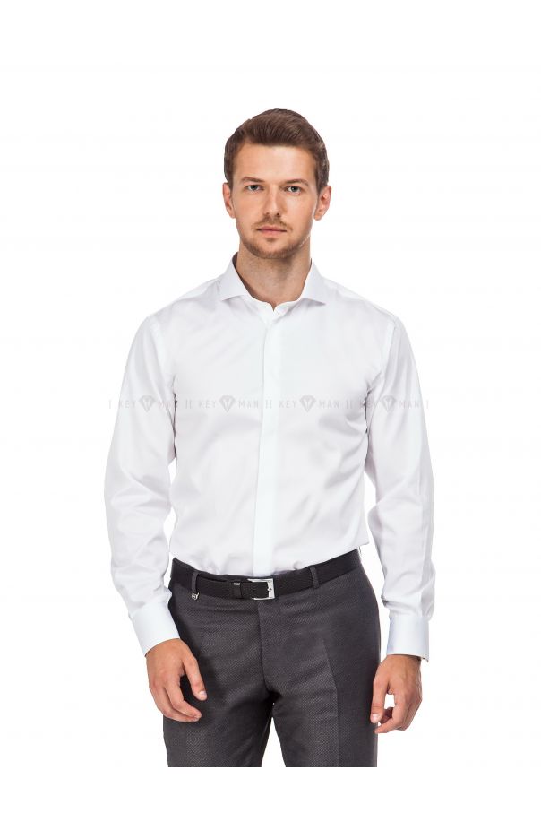 Рубашка мужская белая сатин с акульим воротником (Cutaway Collar)