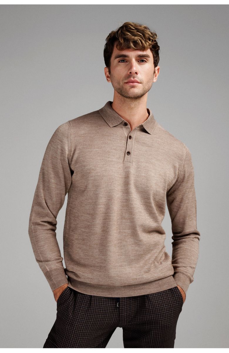 Джемпер мужской светло-коричневый итальянская шерсть, regular fit (рубашечный воротник)