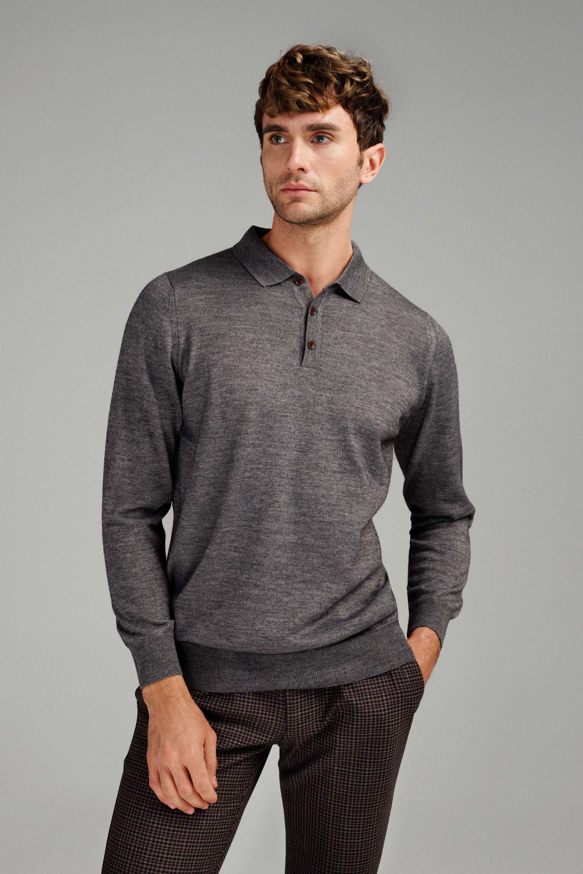 Джемпер мужской серый итальянская шерсть, regular fit (рубашечный воротник)