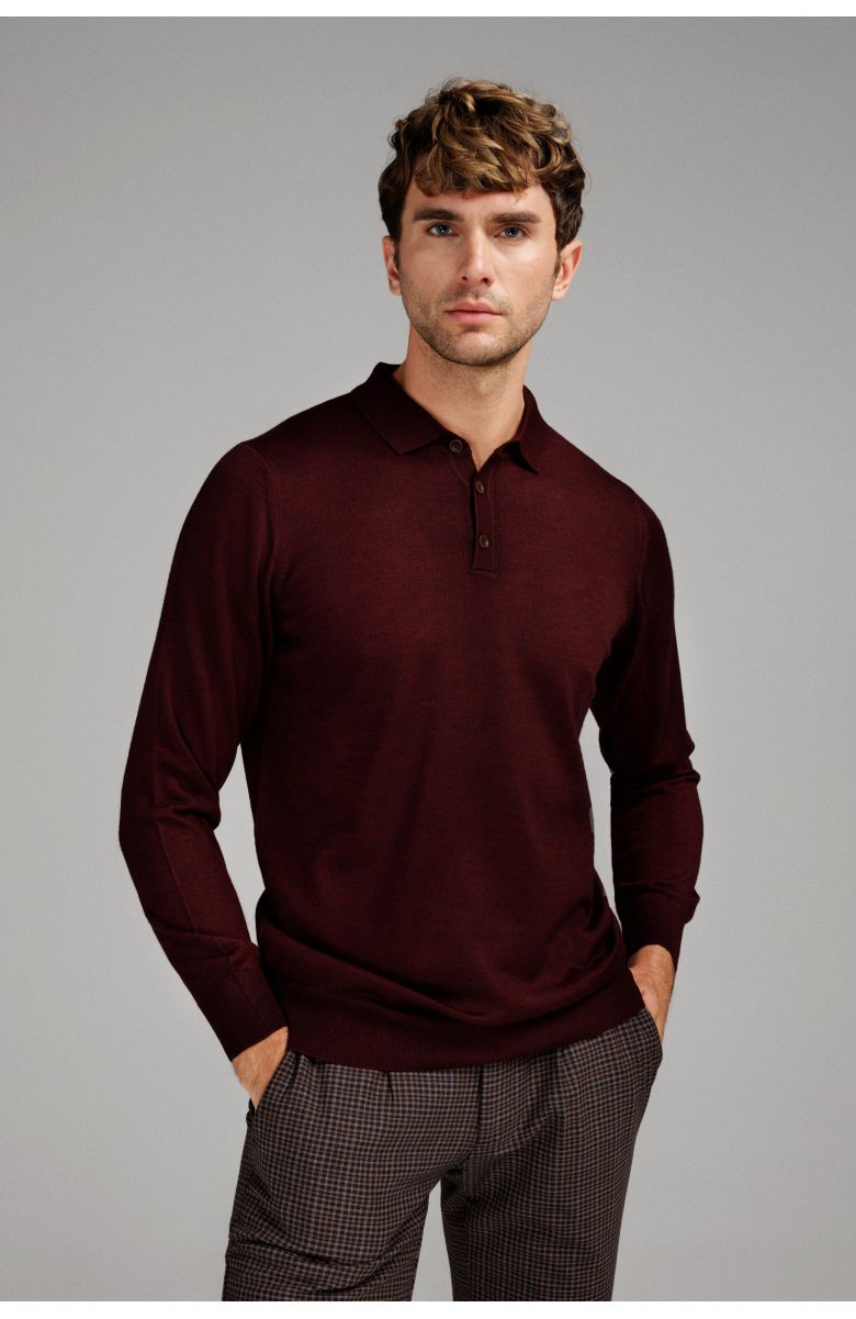 Джемпер мужской бордовый итальянская шерсть, regular fit (рубашечный воротник)