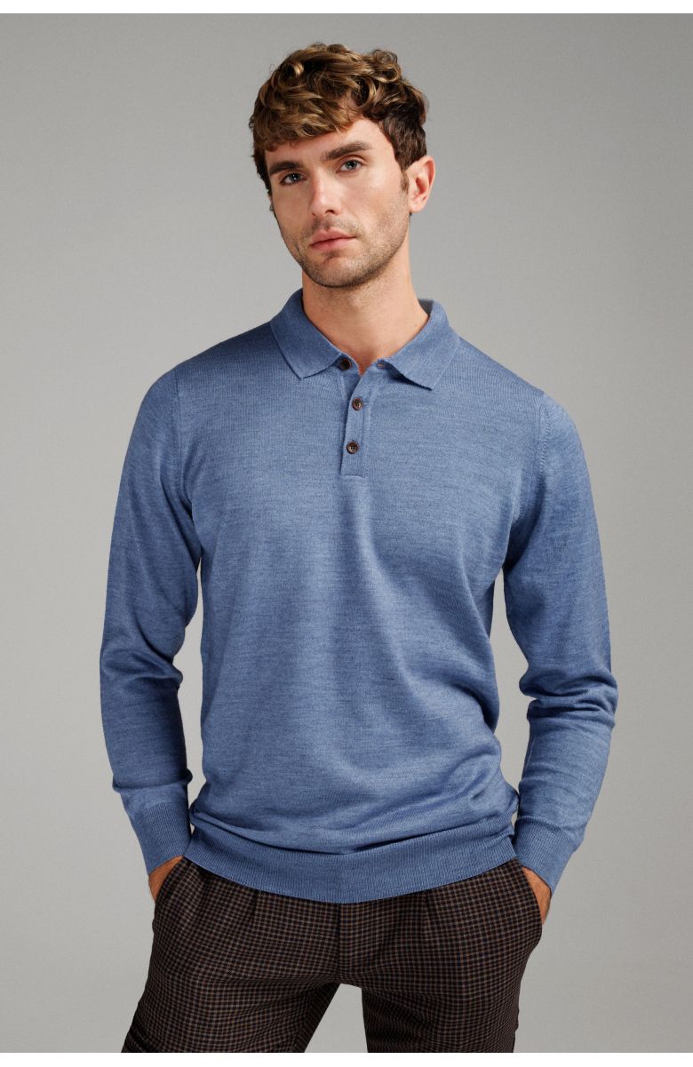 Джемпер мужской небесного цвета итальянская шерсть, regular fit (рубашечный воротник)